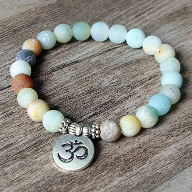 Matte Amazonite Stone Strand Bracelet Yoga Chakra Mala Bracelet OM Lotus Women Men Beaded Charm Bracelet Handmade Jewelry