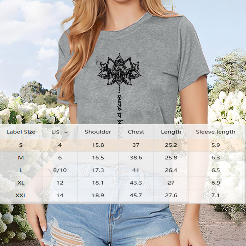 Women's Lotus Print Short Sleeve T-Shirt Casual Crew Neck Summer Top - Image 3