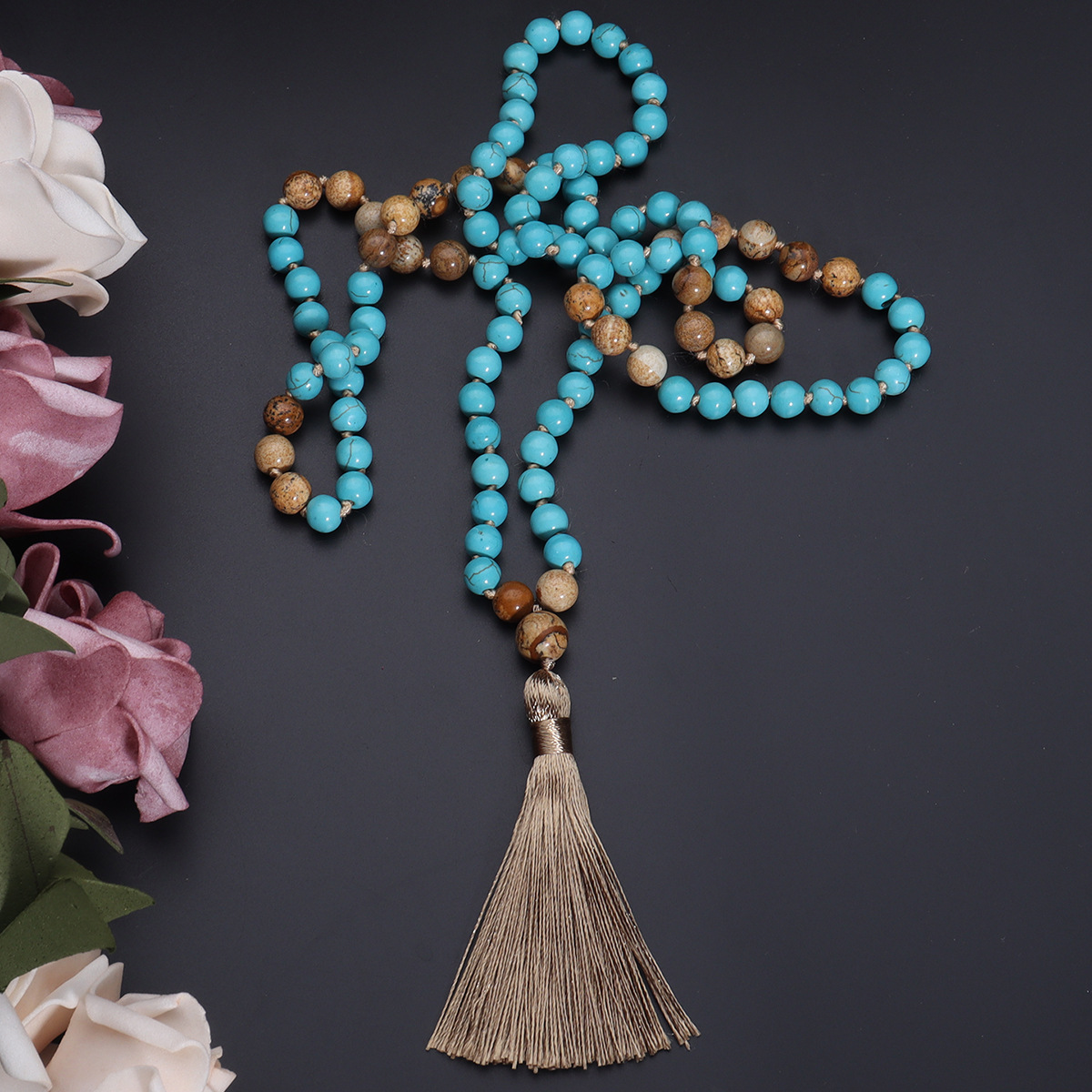 108 Mala Necklace Vintage Turquoise Painted Stone Necklace - Image 5