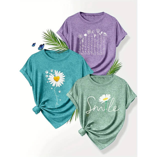 Women's 3 Pack Cute Floral Graphic Tees Short Sleeve Casual Tee Tops Crewneck T Shirts