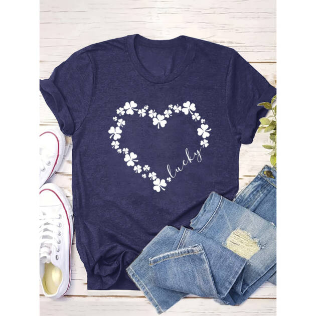 Women's Round Neck Short Sleeve Top Lucky Clover Heart Print Casual Summer Tee