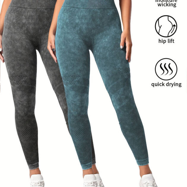 2 Pack Women's Seamless Washed Wide Waistband Sports Leggings, Women's High Waist Yoga Leggings, Textured Tummy Control Ruched Booty Tights Push Up Yoga Pants