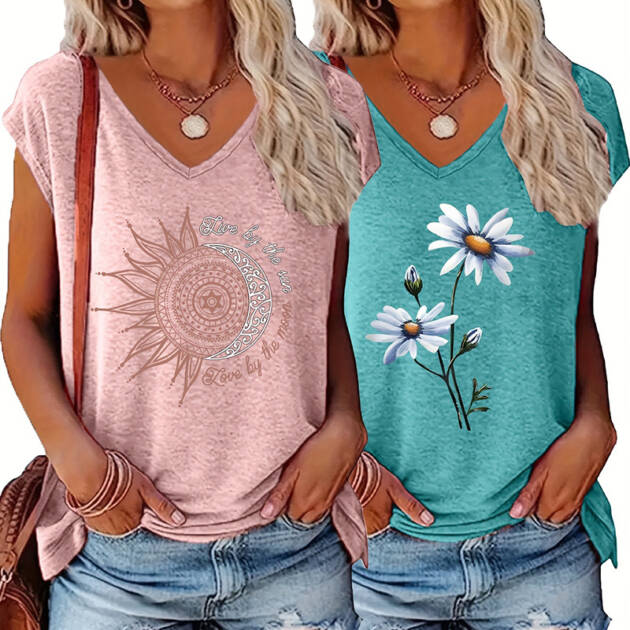 2-Pack Women's V-Neck Graphic Print Tees - Summer Casual Short Sleeve Tops