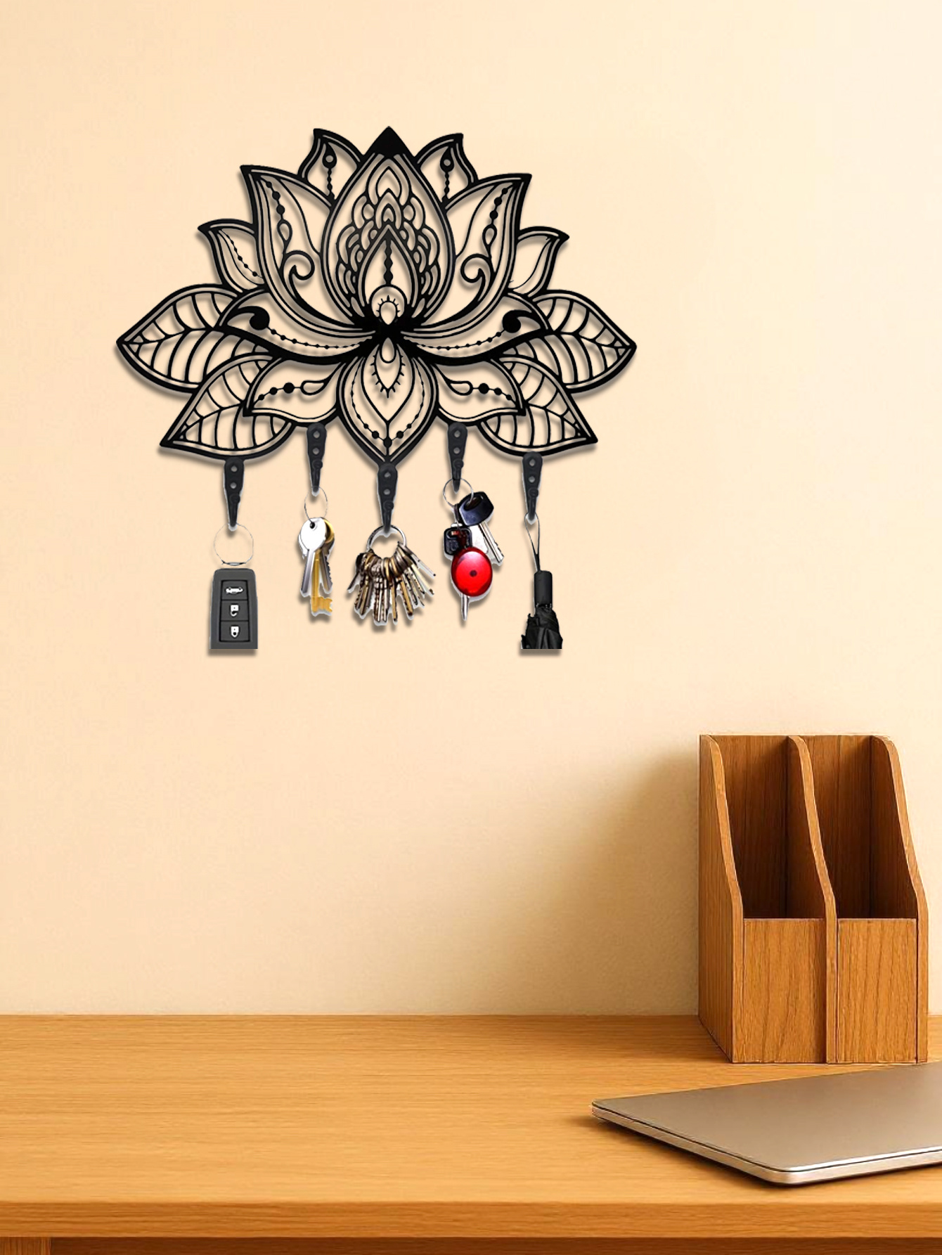 Modern Lotus Key Holder Wall Mount,Stylish Entryway Organizer With Coat&Hat Hook - Image 6