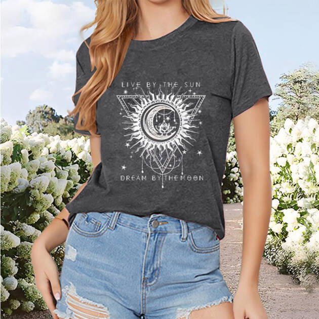 Women's Sun & Moon & Lotus Print T-shirt, Casual Short Sleeve Crew Neck Top For Spring & Summer