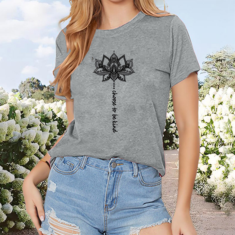 Women's Lotus Print Short Sleeve T-Shirt Casual Crew Neck Summer Top